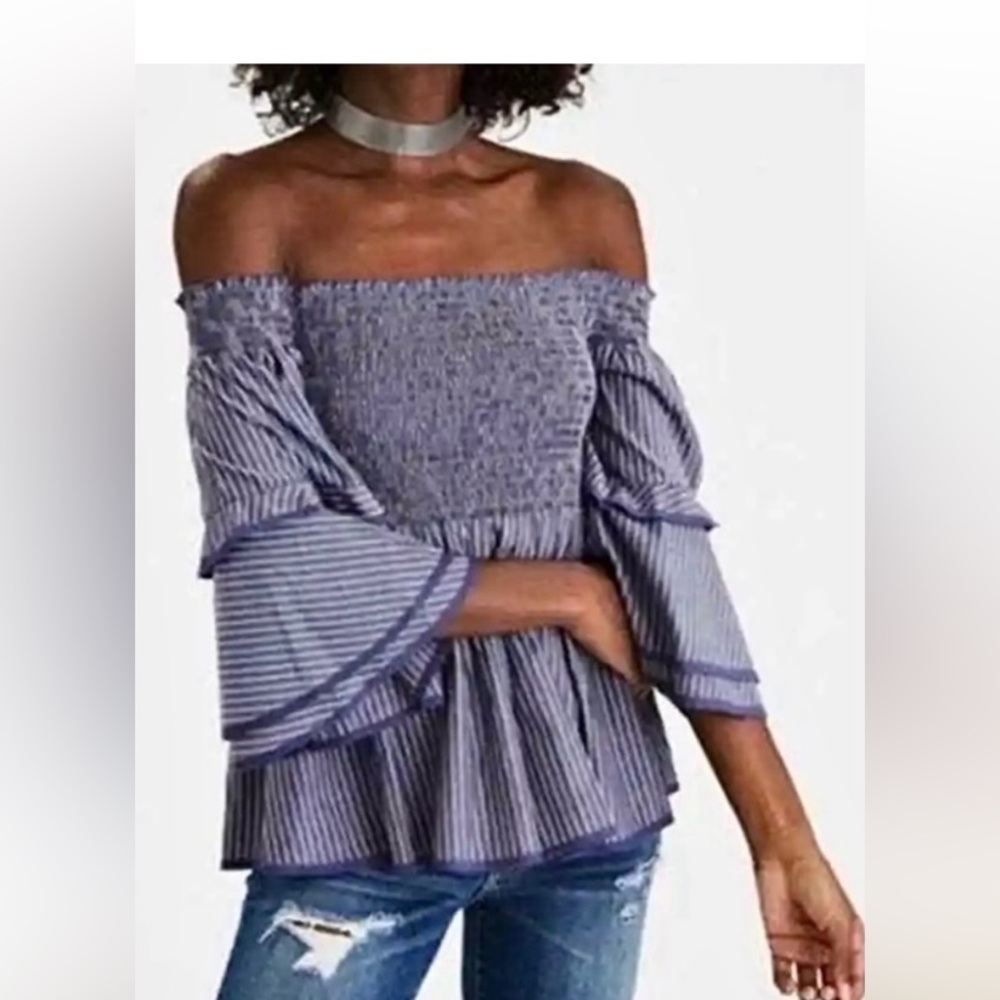 American Eagle XL Blue Striped Boho Off the Shoulder Smocked Ruffled top